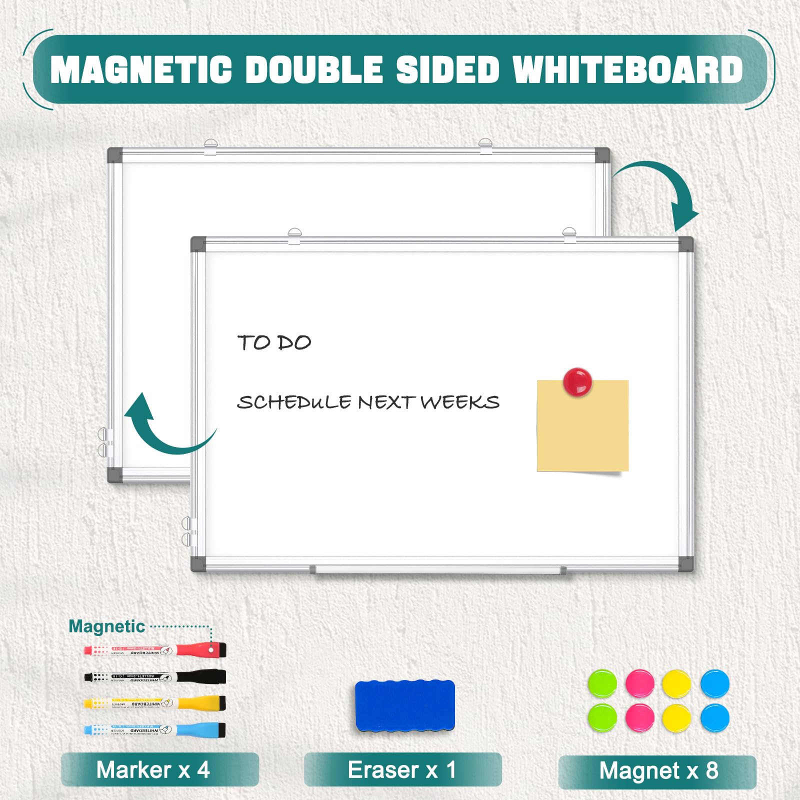 Double-Sided Magnetic Whiteboard for Wall 24 x 18 Inch, Large Dry Erase Board with Silver Aluminum Frame, Horizontal Vertical Hanging with Hole-Free Hooks, Complete 14-Piece Accessory Kit