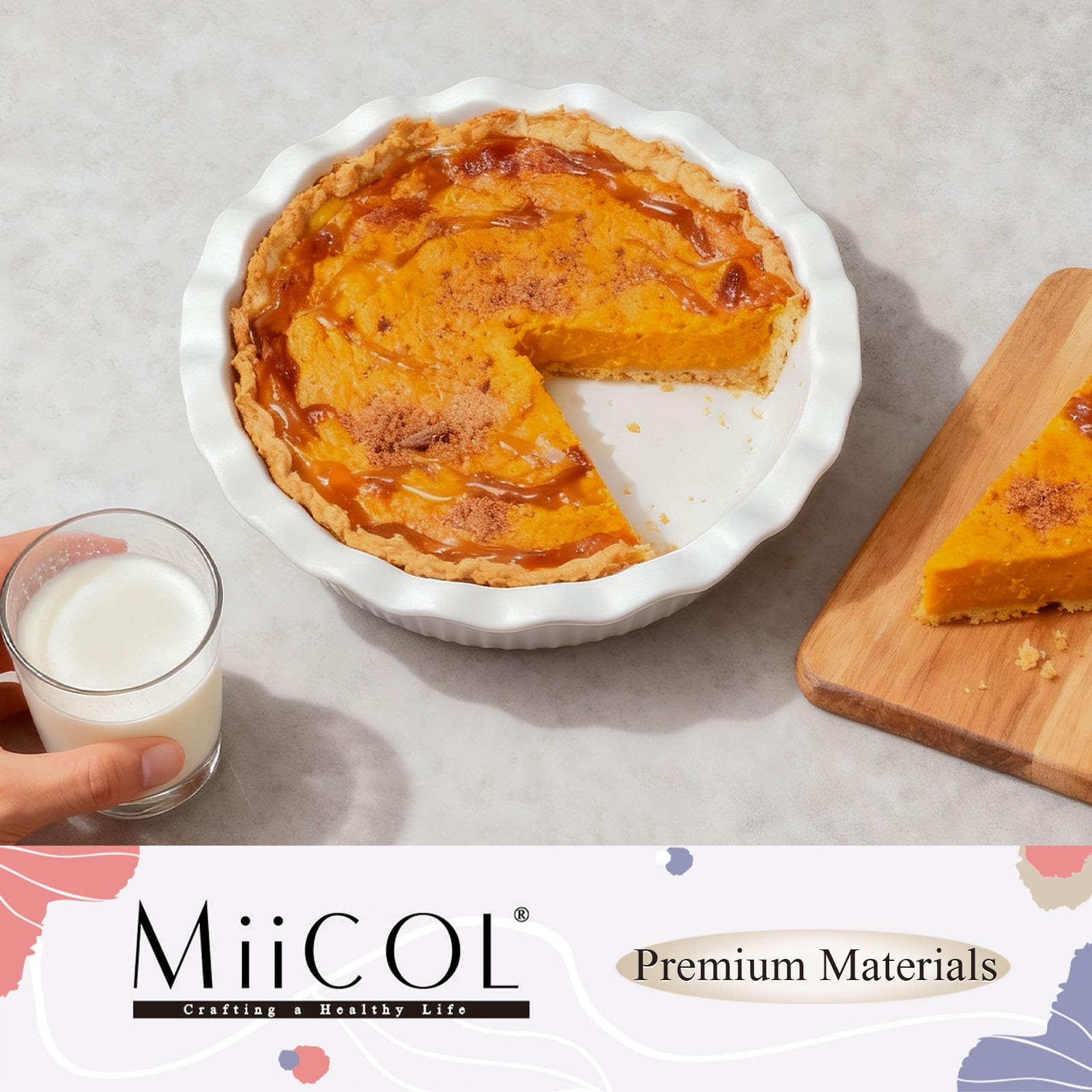Miicol White Ceramic Pie Pan, 50 oz / 1500 ml Ripple Edge Deep Baking Dish, 9 Inch / 22 cm Round Ceramic Pie Plate, Suitable for Quiche, Apple Pie, Meat Pie, Ideal Gift for Baking Lovers