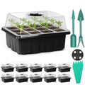 Sfee 10 Pack Seed Starter Tray Kit, 120 Cells Seedling Starter Trays with Humidity Dome and Base Greenhouse Growing Trays, Reusable Seed Germination Seedling Tray with Garden Tools Labels (Black)