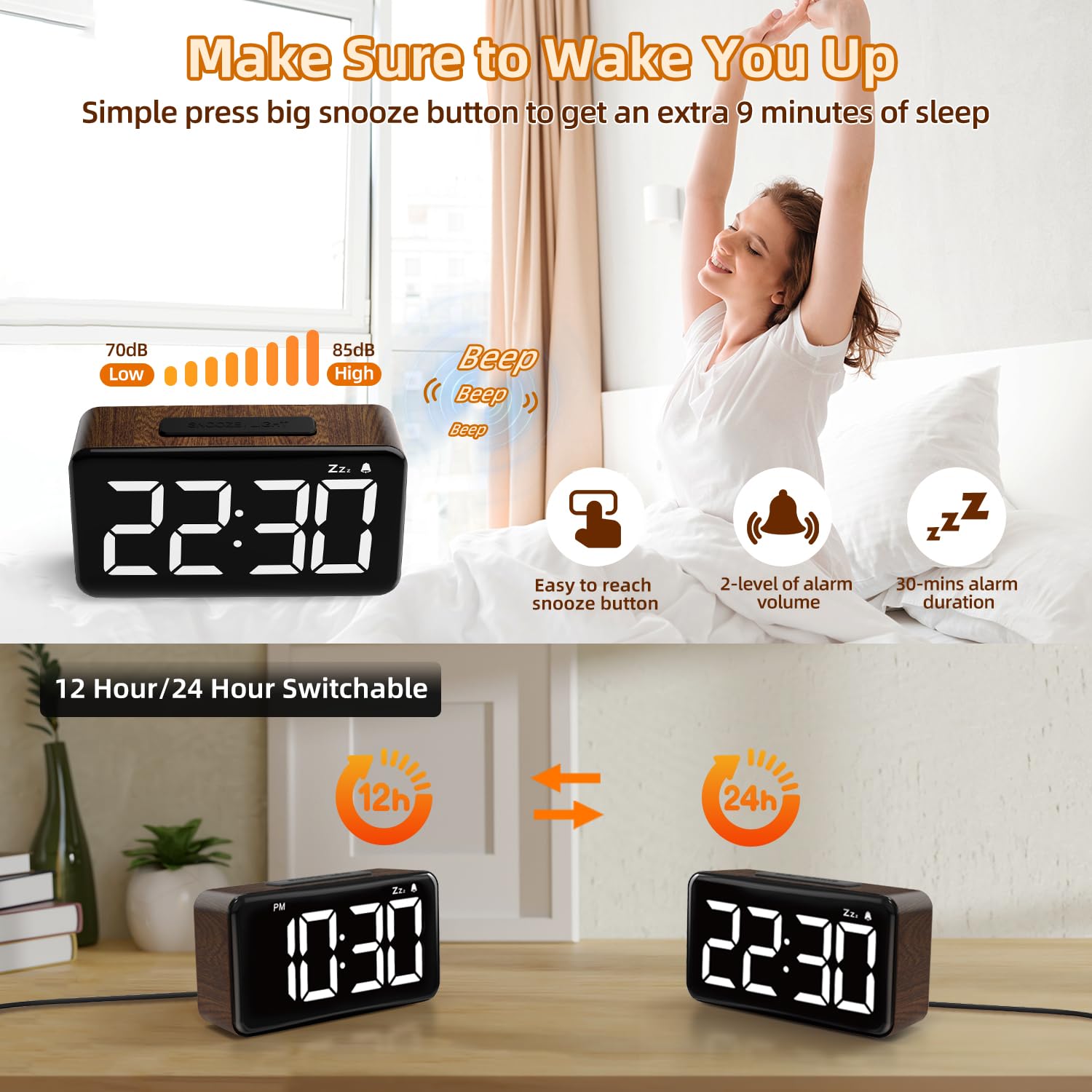 NOKLEAD Digital Alarm Clock with 5.9'' Large Display: Easy to Use for Seniors and Men, 5 Brightness, Aesthetic Room Decor Desk Clocks for Bedroom | Dorm | Living Room | Office (Brown Wood Grain)