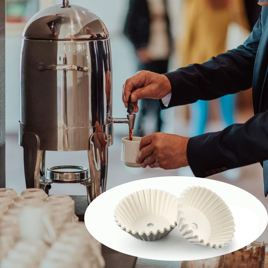 Feifeiya 100 Pcs Pre-Punched Holes Coffee Filters for 100 Cup Coffee Urn Brewing Basket & Hot Beverage Dispenser 9.8 x 4.3 Inch Disposable Natural Wood Pulp Paper Filters with Tall-Sided Design