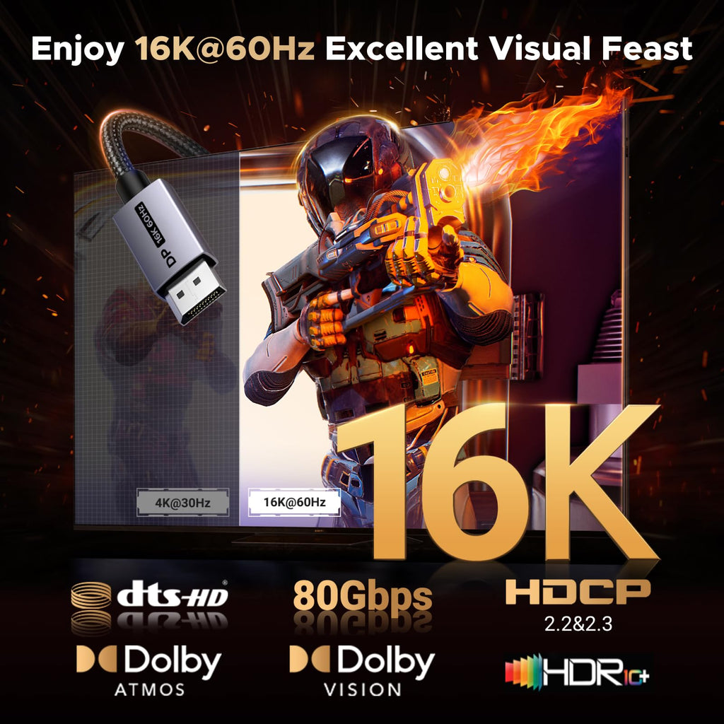 UGREEN 16K@60Hz Displayport Cable 2.1, 80Gbps DP Cable 8K@240Hz 4K@480Hz Aluminum Video Display Port Cord, HDR, HDCP2.3, DSC1.2a, FreeSync, G-Sync, Compatible Monitor, PC, HDTV, 9.9FT