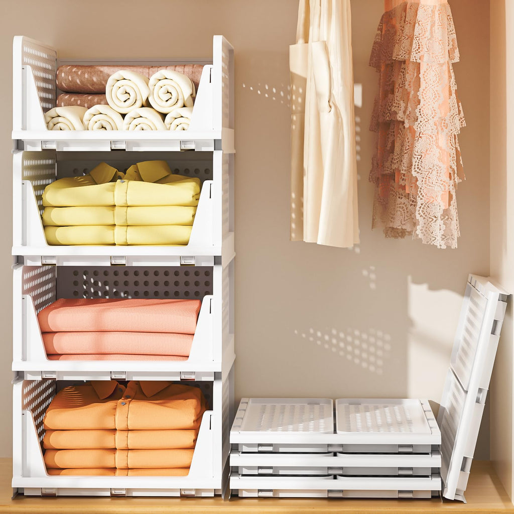 Neprock 4 Pack Stackable Storage Bins, Closet Organizers Plastic Storage Drawers Stackable Drawers, Wardrobe Closet Organizers and Storage for Clothes, Bedroom, Kitchen, Office, Bathroom(4L)