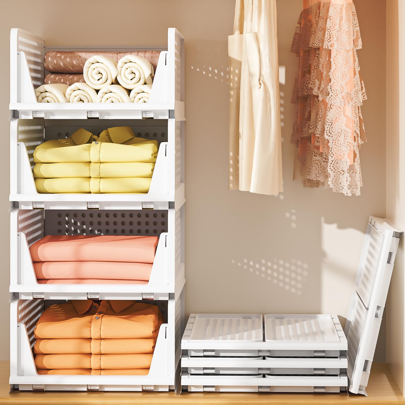 Neprock 4 Pack Stackable Storage Bins, Closet Organizers Plastic Storage Drawers Stackable Drawers, Wardrobe Closet Organizers and Storage for Clothes, Bedroom, Kitchen, Office, Bathroom(4L)