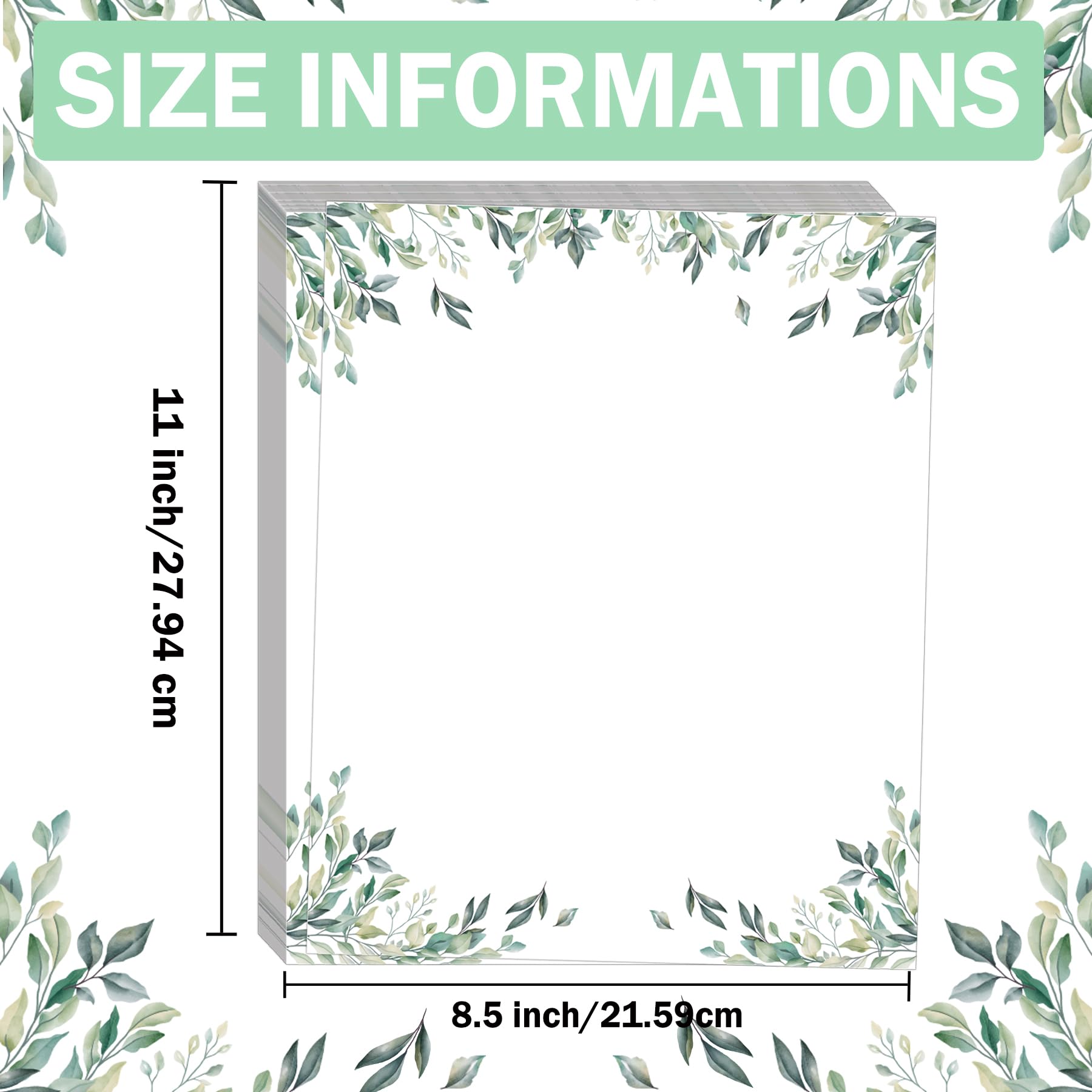 50 Pcs Greenery Letterhead Paper Eucalyptus Leaf Themed Decorative Printer Paper Wedding Botanical Letter Stationery Writing Paper Sheets for School Writing Home Office Supplies (Greenery)