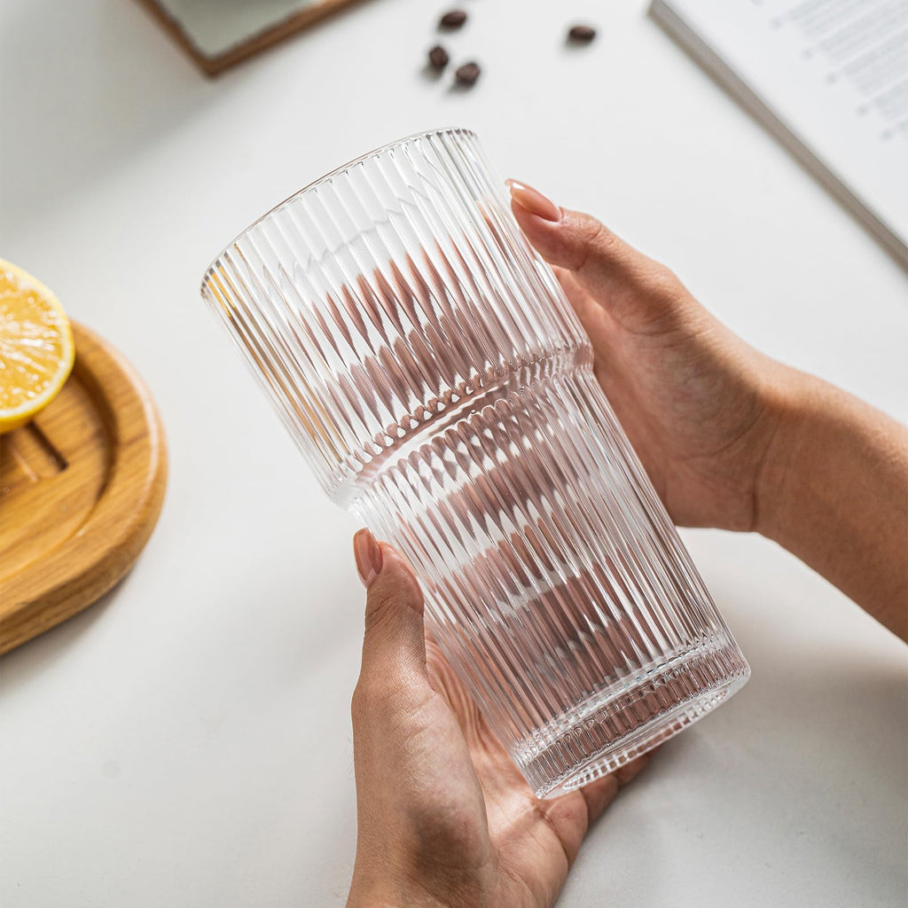20oz Ribbed Glass Tumbler Set of 4 – Large Capacity Drinking Glasses for Iced Coffee, Water, Juice, and Cocktails – Elegant Modern Glassware for Everyday Use and Special Occasions