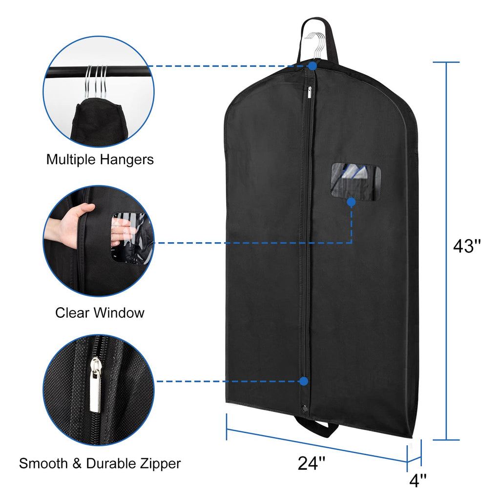 Garment Bags for Travel 43" 2 Pack, Hoprfire Suit Garment Covers with 4" Gussetes for Closet Storage for Men Breathable Foldable Hanging Bags Waterproof for Suit, Clothes, Custom, Tuxedo, Shirts, Coat