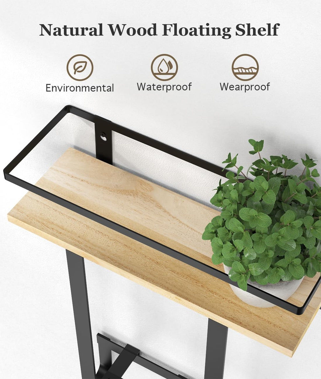 Luxspire Towel Racks for Bathroom Wall Mounted, Towel Holder Wall Mounted with Wooden Floating Shelf & 3 Metal Hooks, Rolled Towel and Hand Towel Rack for Bathroom, Black + Wood