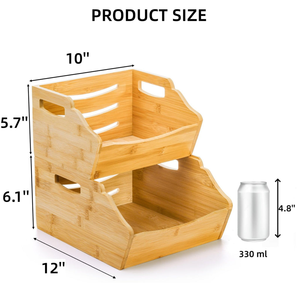 Cididu 2 Pack Bamboo Stackable Storage Bin, Countertop Open Front Stacking Bins, 2 Tier Organize Basket Box with Handle, Food Fruit Container for Cabinet, Kitchen, Studio, Office