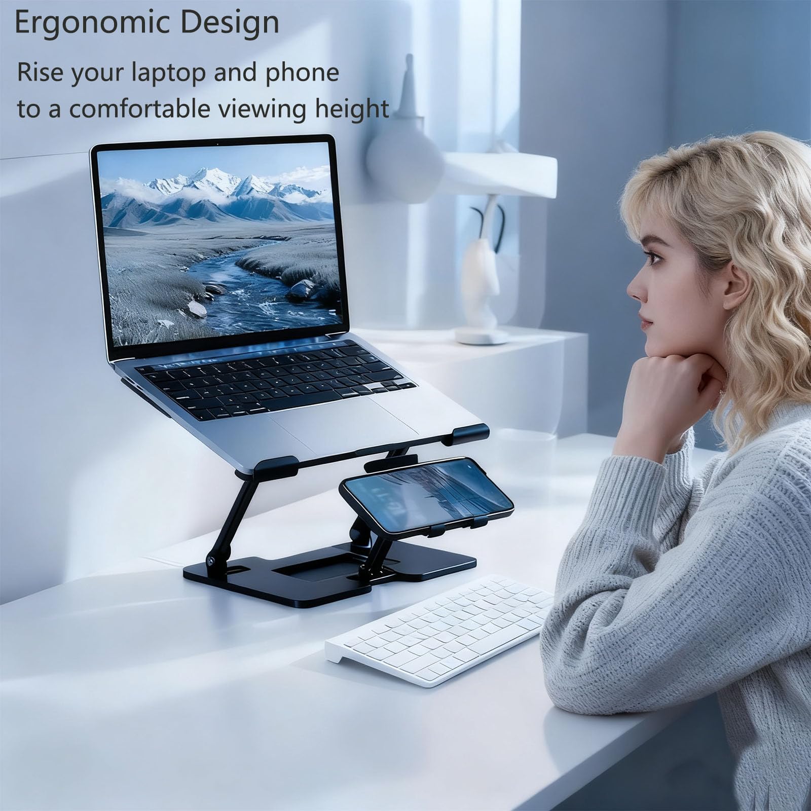 Ergonomic 2-in-1 Laptop Cooling Stand with Phone Holder, Portable Laptop Riser, Laptop Stand for Desk Foldable, Computer Notebook Stand Holder, Fits All Laptops up to 10-17.3''