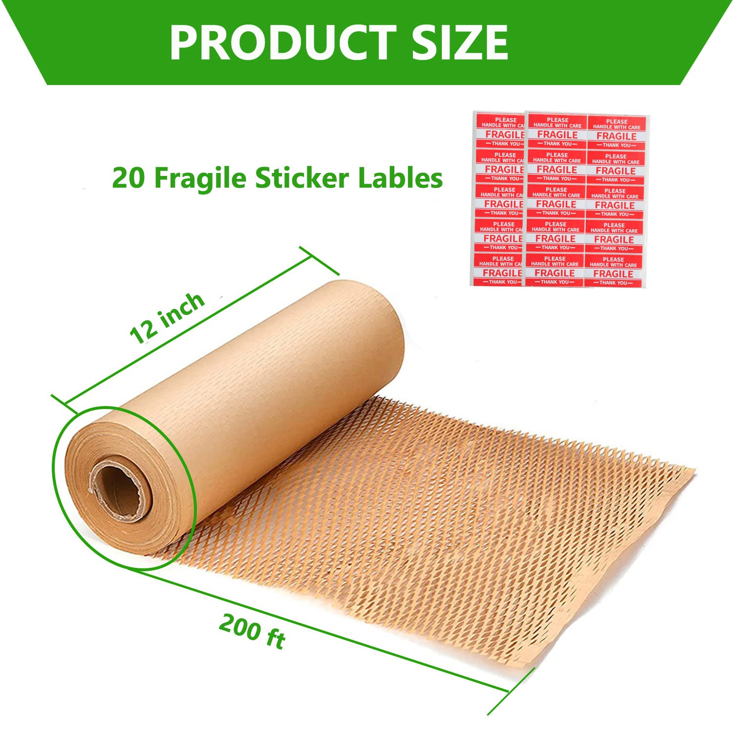 Honeycomb Packing Paper Wrap 12"x200' Recycled Bubble Cushioning Wrap Eco Friendly Moving Supplies for Shipping, Packaging & Gifts - Protective Wrap for Fragile Items with 20 Fragile Sticker Labels