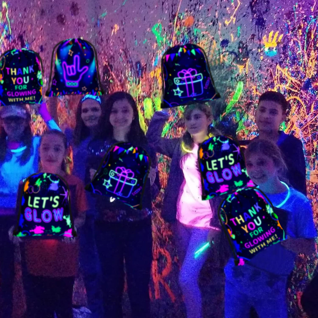 12 Pcs Neon Drawstring Gift Bags Glow Backpacks Goodie Bags Glow Party Supplies Favor Bags for Birthday Party Let’s Glow Party Decorations Glow in The Dark Party Supplies