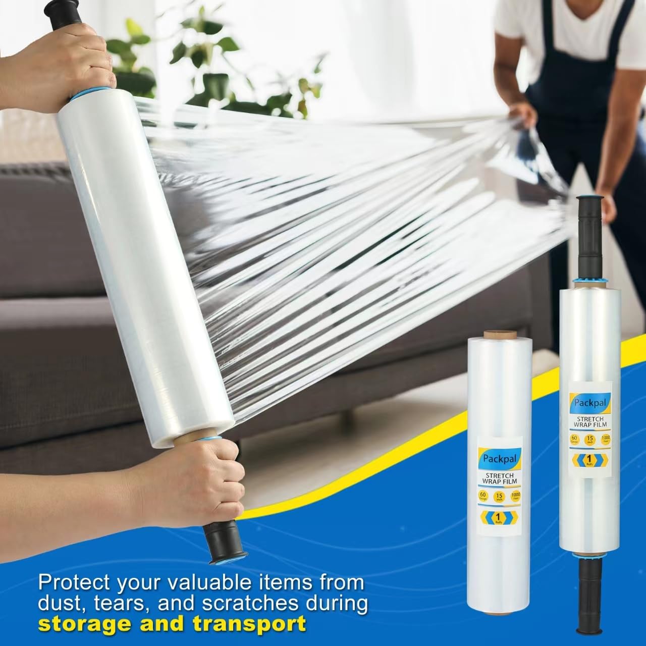 Packpal Shrink Wrap 1 Rolls 15"x 1000ft Stretch Film with Handles Clear, Plastic Stretch Wrap for Saran, Packing Pallet, Moving Suppliers for Furniture, Suitcases, Storage, Moving Boxes.