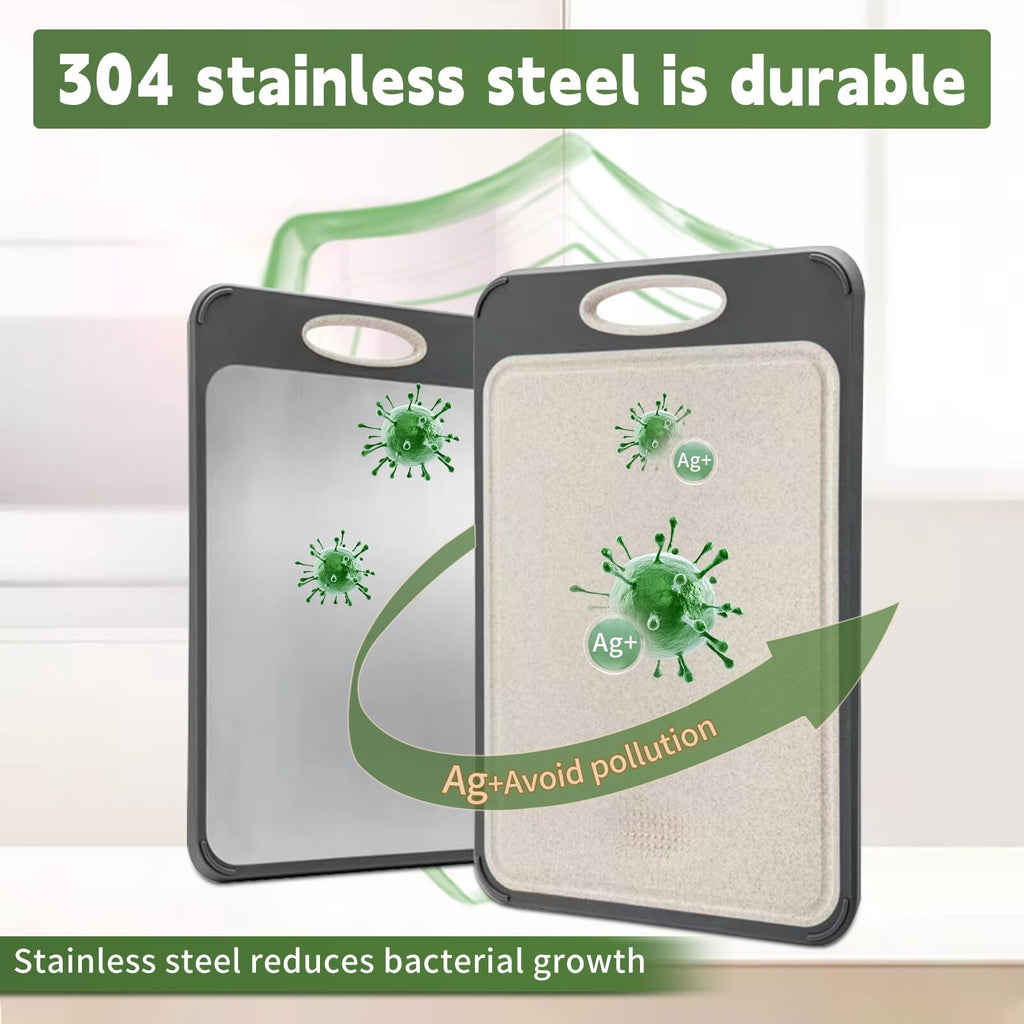 Newraturner Cutting Board Double Sided,Large Stainless Steel Cutting Boards,Wheat Straw Cutting Boards for Kitchen,for Meat, Veggies, Fruits, with Easy Grip Handle,Dishwasher Safe (1, Large)