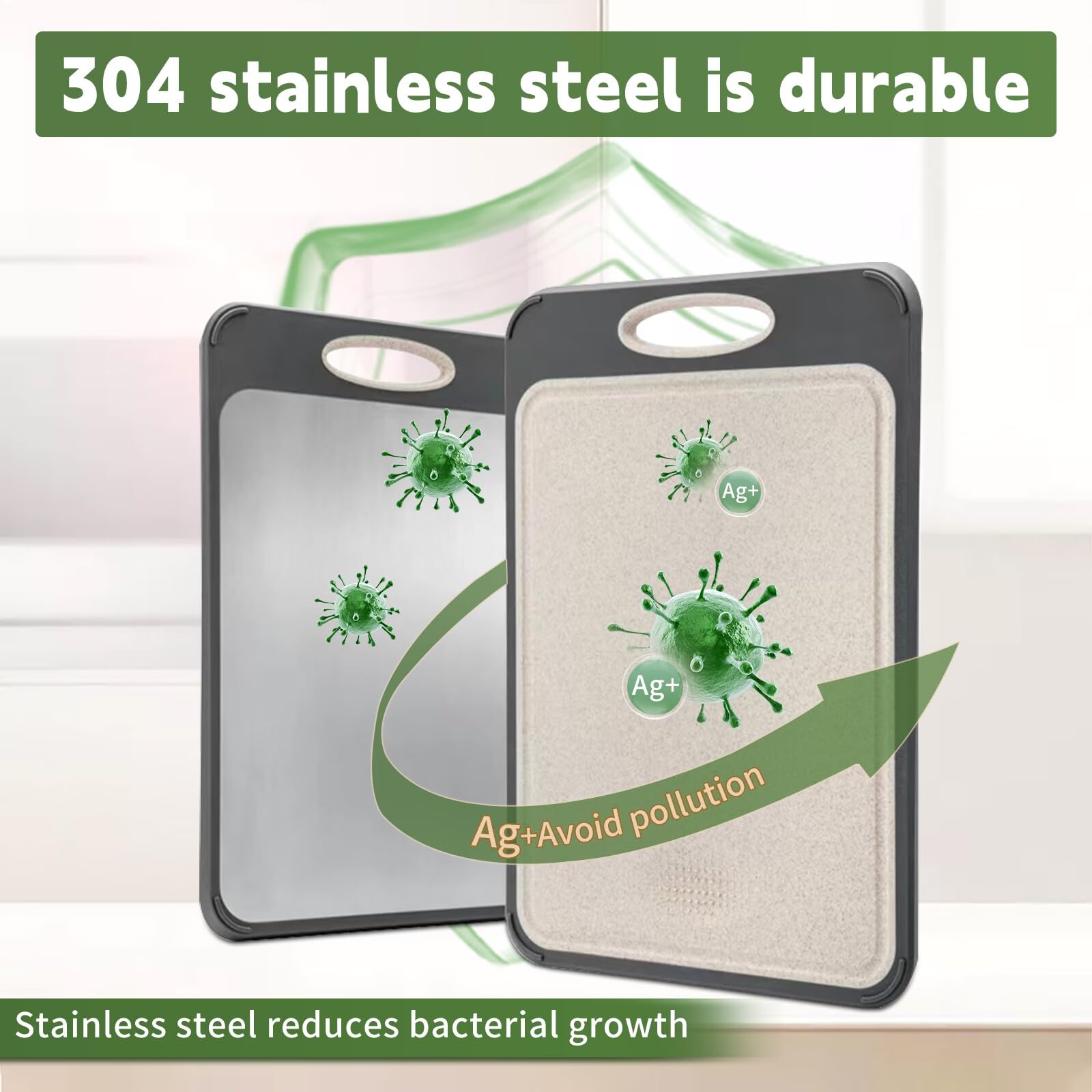 Newraturner Cutting Board Double Sided,Large Stainless Steel Cutting Boards,Wheat Straw Cutting Boards for Kitchen,for Meat, Veggies, Fruits, with Easy Grip Handle,Dishwasher Safe (1, Large)