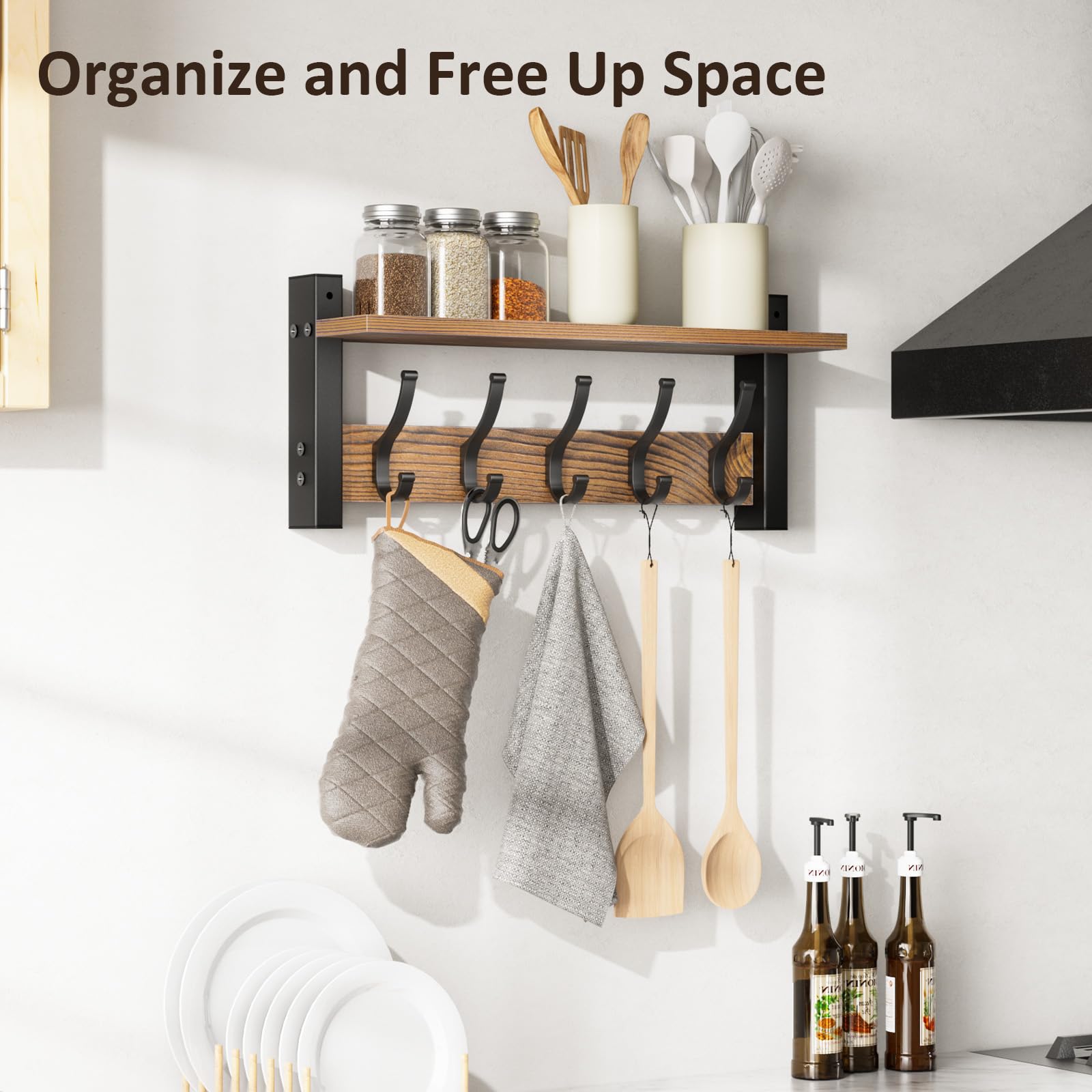Coat Rack Wall Mount with Shelf, 17.1 Inch Coat Hanger Walls Mounted, Hat Rack for Walls, Shelf with 5 Coat Hooks, Wall Hanger for Entryway (Brown)