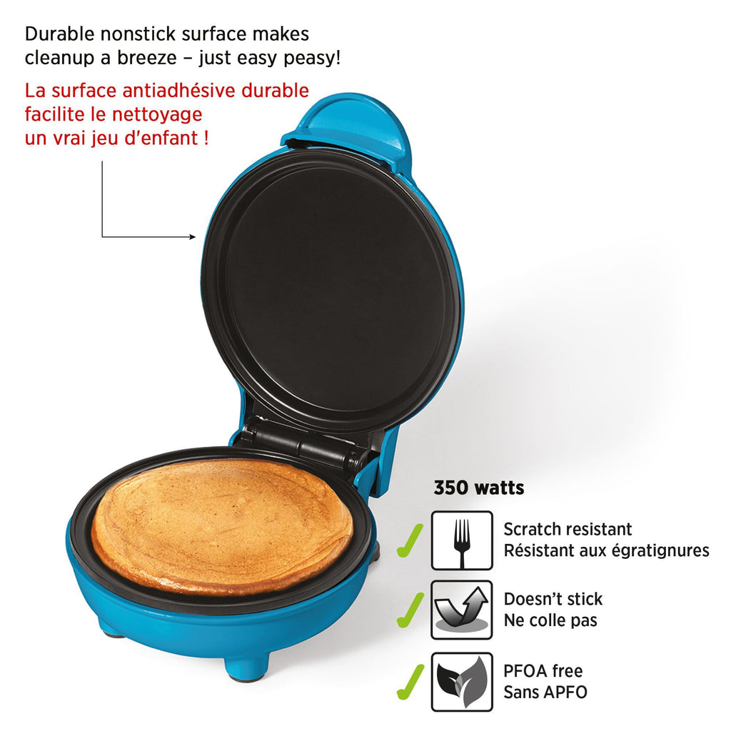 Starfrit Electric Mini Pancake Maker - 4" Non-Stick Cooking Surface - Easy to Use & Clean - Blue - 300W