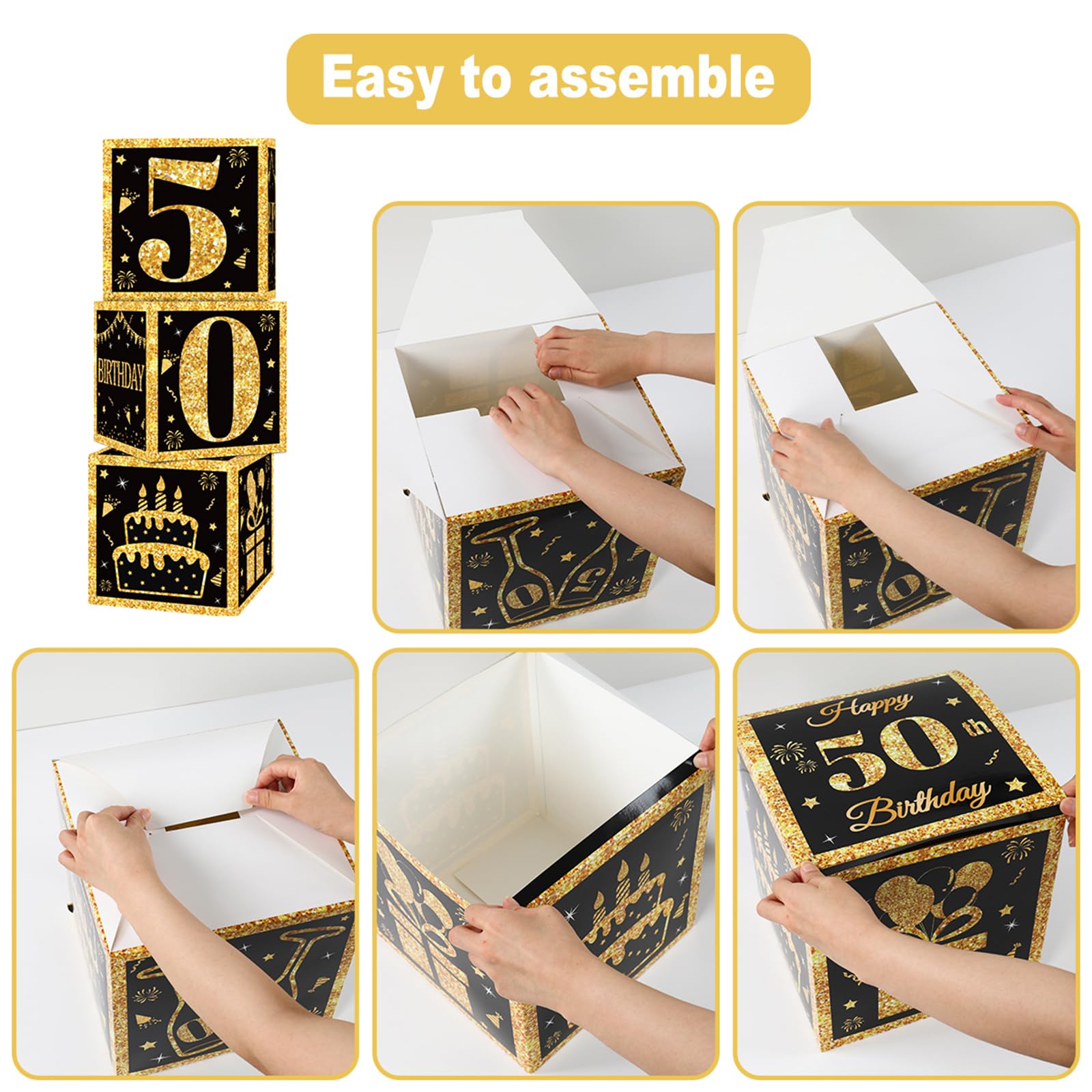 50th Birthday Decorations Boxes for Men- 3PCS Black Gold Happy 50th Birthday Balloons Boxes, 50 Year Old Party Supplies for Men Women