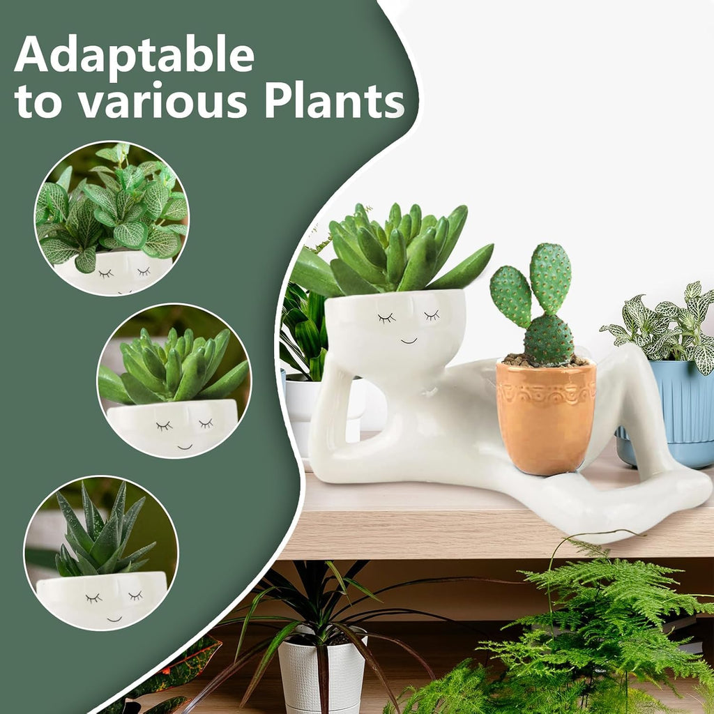 Lazy Guy Planter - Funny Smiling Face Resin Flower Pot with Double Drainage Hole, Cute Lying Down Figure Succulent & Cactus Planter, Unique Home Garden Decor Gift for Family & Friends (Yellow)