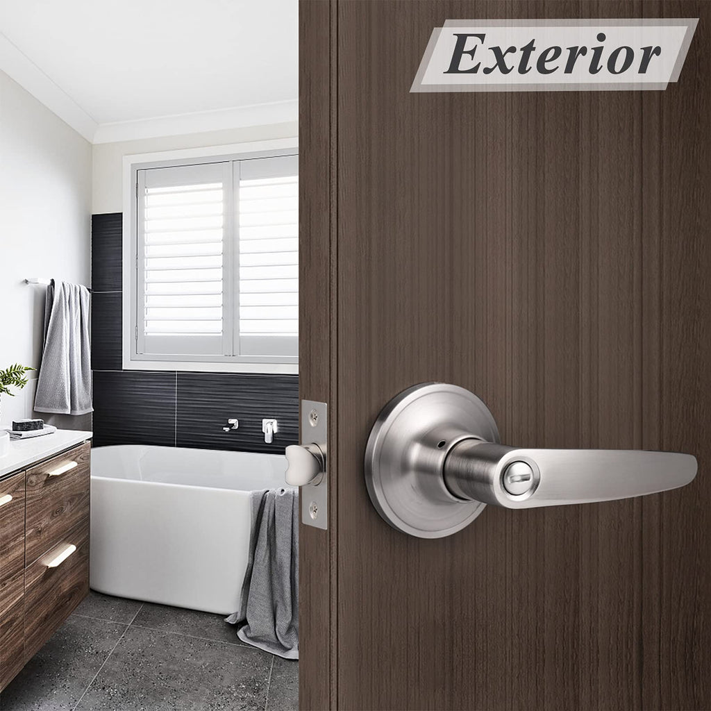 Probrico Satin Nickel Privacy Door Lever Keyless Interior Bed/Bath Door Handle, Reversible for Right & Left for Bathroom or Bedrooms, 1 Pack