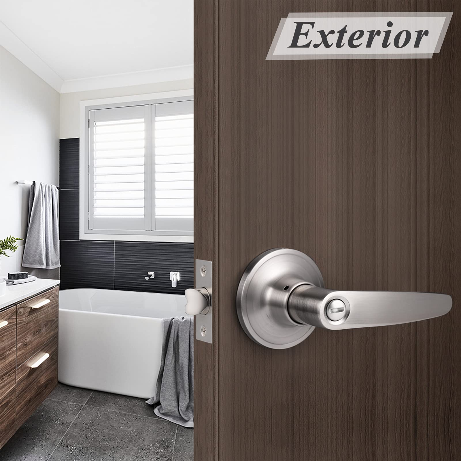 Probrico Satin Nickel Privacy Door Lever Keyless Interior Bed/Bath Door Handle, Reversible for Right & Left for Bathroom or Bedrooms, 1 Pack