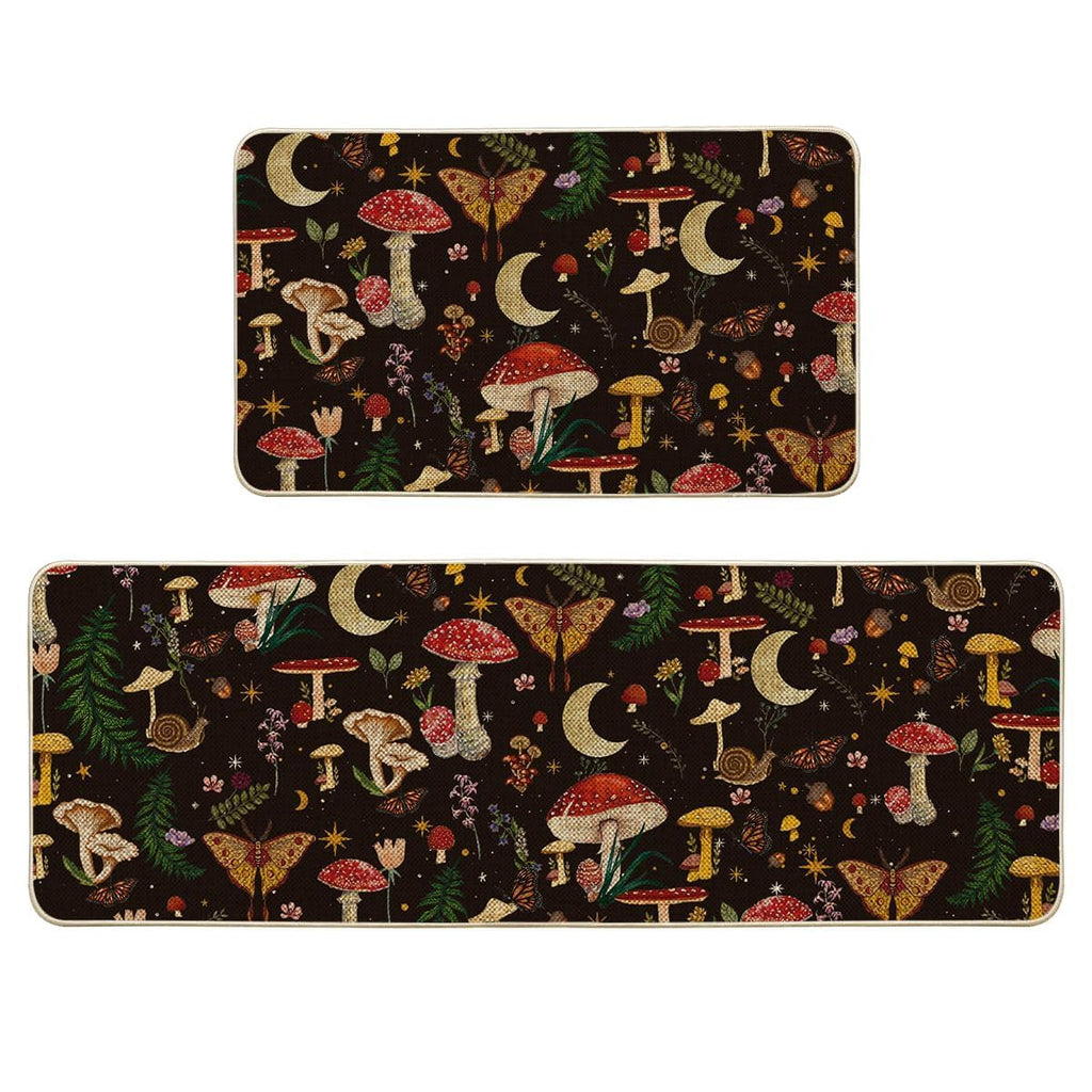 Artoid Mode Black Mushrooms Butterfly Spring Kitchen Mats Set of 2, Home Decor Low-Profile Kitchen Rugs for Floor - 17x29 and 17x47 Inch