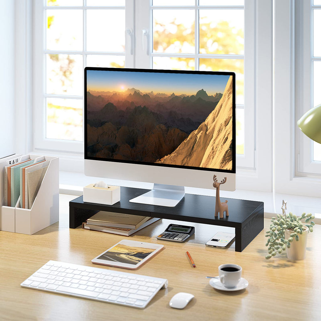 20 inch Monitor Stand Riser, Wood Monitor Stand for Desk, TV/Screen/PC/Printer/Laptop Riser, Computer Stand with Keyboard Organizer, Black Desktop Stand, Monitor Riser TEAMIX