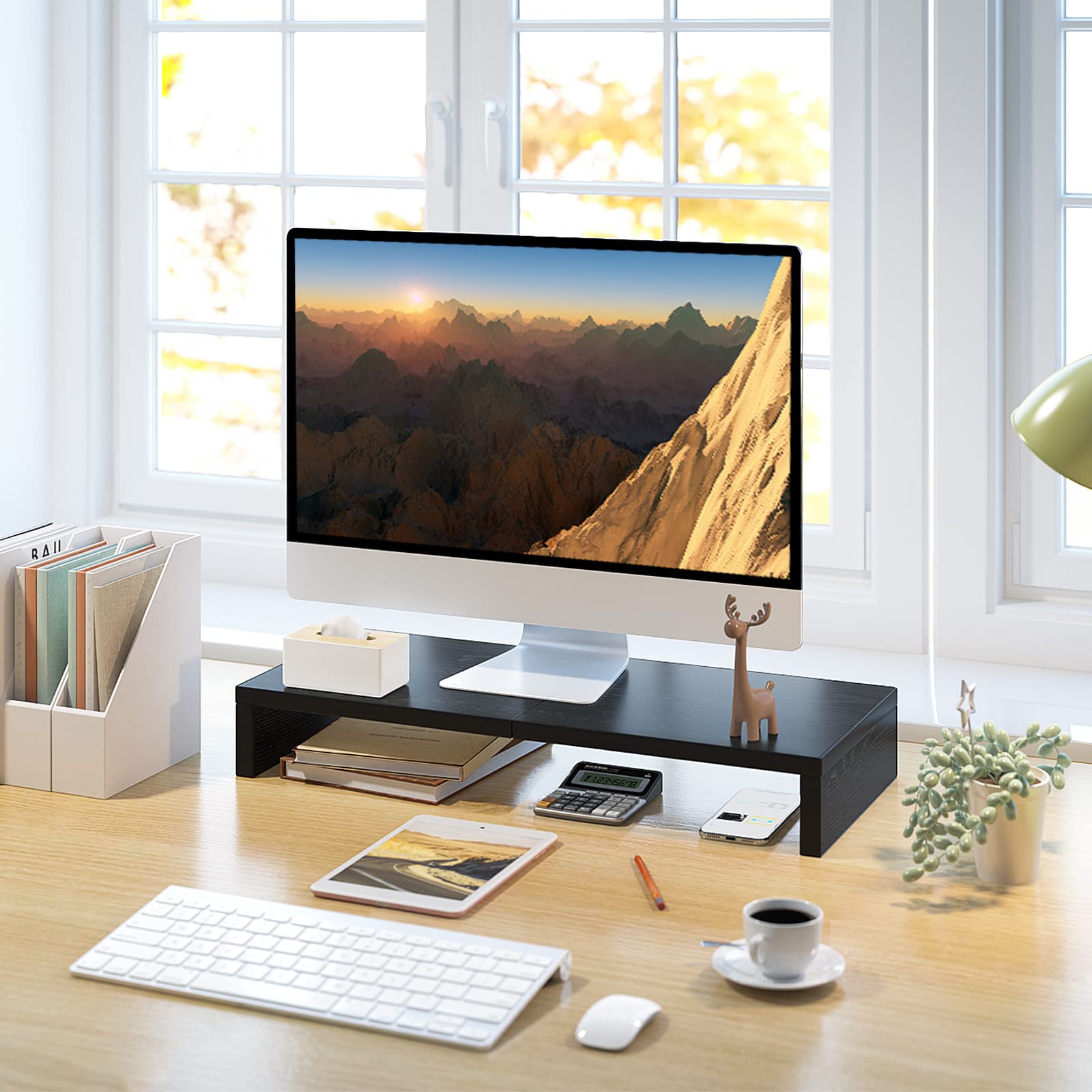 20 inch Monitor Stand Riser, Wood Monitor Stand for Desk, TV/Screen/PC/Printer/Laptop Riser, Computer Stand with Keyboard Organizer, Black Desktop Stand, Monitor Riser TEAMIX