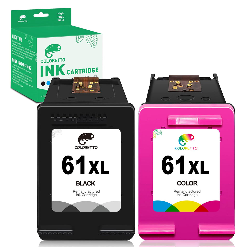 COLORETTO 61 XL 61XL Remanufactured Ink Cartridge Compatible with HP Envy 4500 4501 4502 5530 5531 Deskjet 1000 1010 1050 2512 2540 2542 Officejet 2620 2621 4630 4632 Printer 1 Black 1 Color 2-Pack