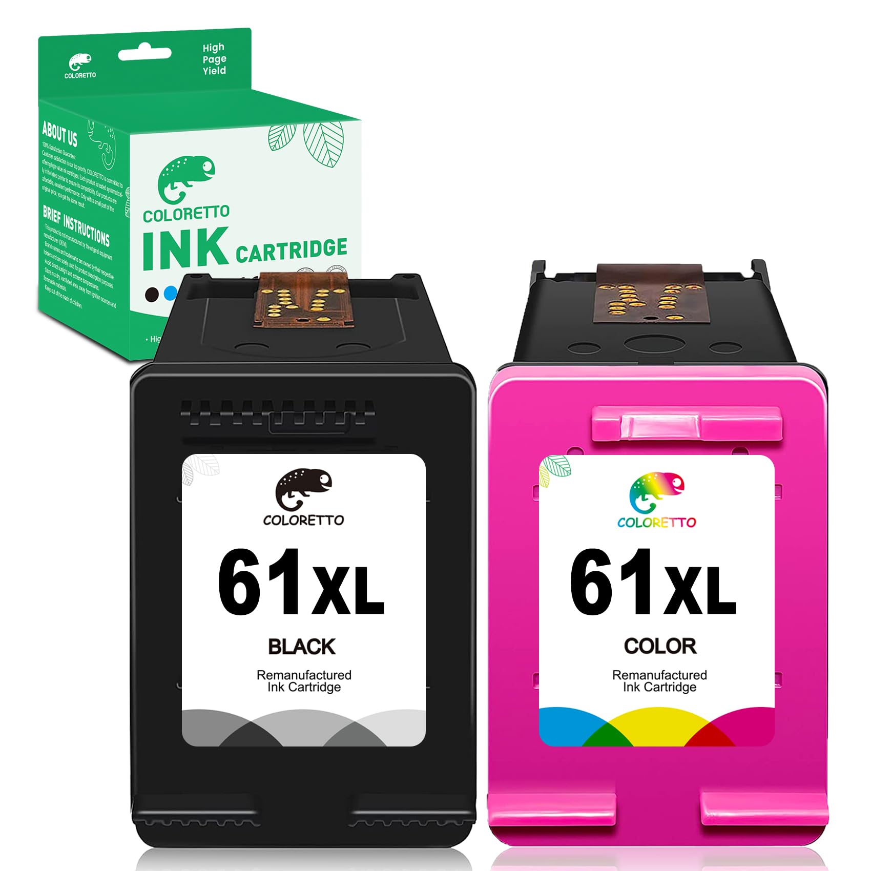COLORETTO 61 XL 61XL Remanufactured Ink Cartridge Compatible with HP Envy 4500 4501 4502 5530 5531 Deskjet 1000 1010 1050 2512 2540 2542 Officejet 2620 2621 4630 4632 Printer 1 Black 1 Color 2-Pack