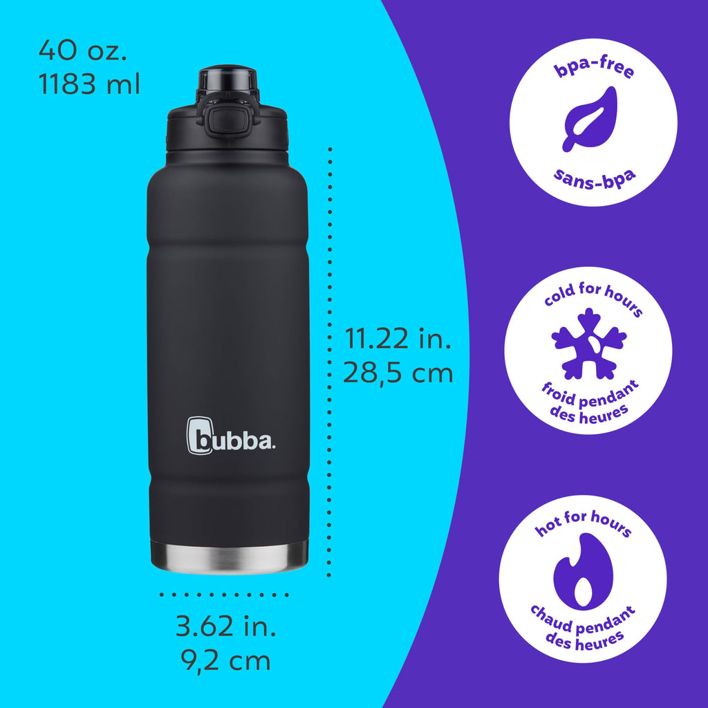 bubba Trailblazer Stainless Steel Water Bottle with Push Button Lid, 40 oz (1.18 L), Vacuum-Insulated, Rubberized Licorice