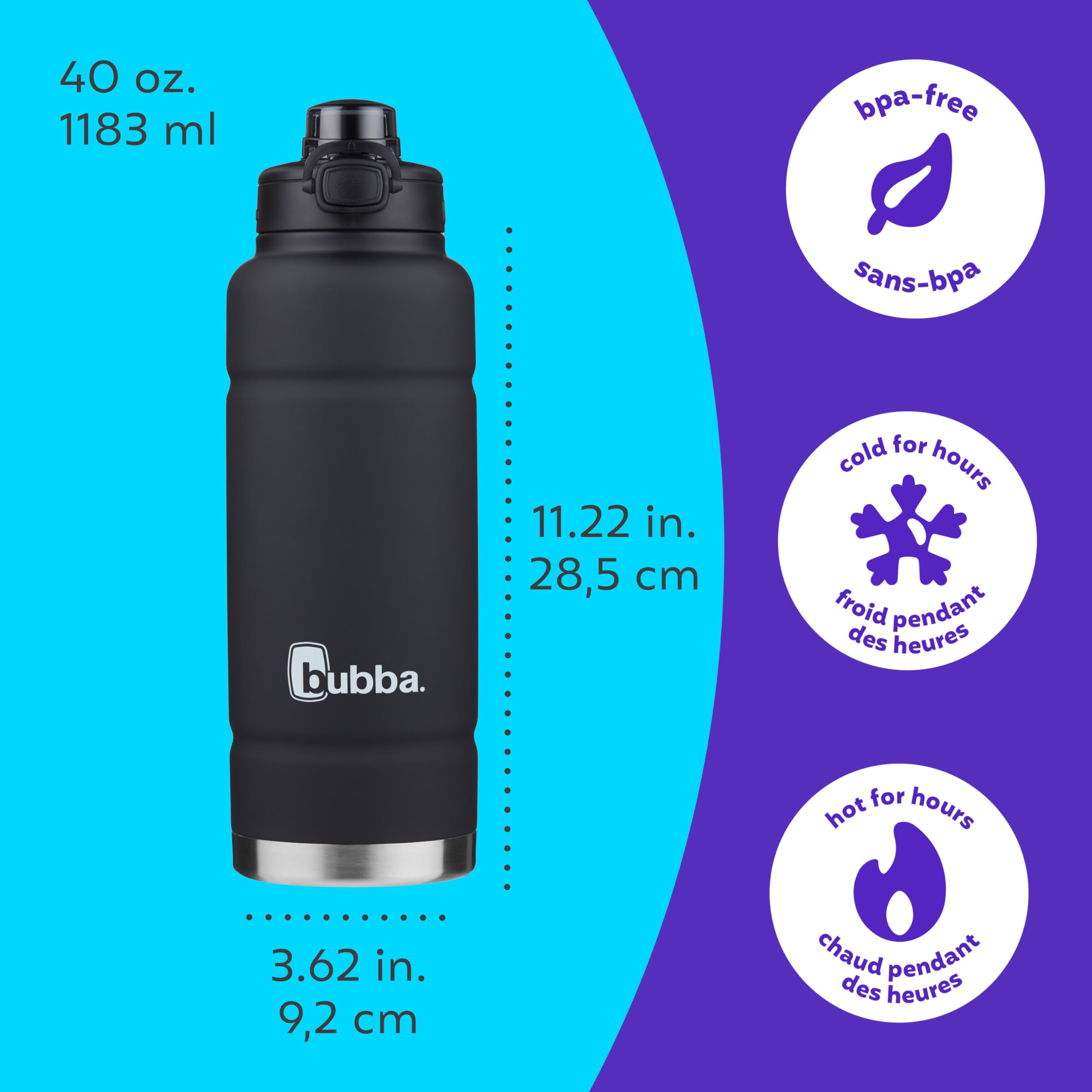 bubba Trailblazer Stainless Steel Water Bottle with Push Button Lid, 40 oz (1.18 L), Vacuum-Insulated, Rubberized Licorice