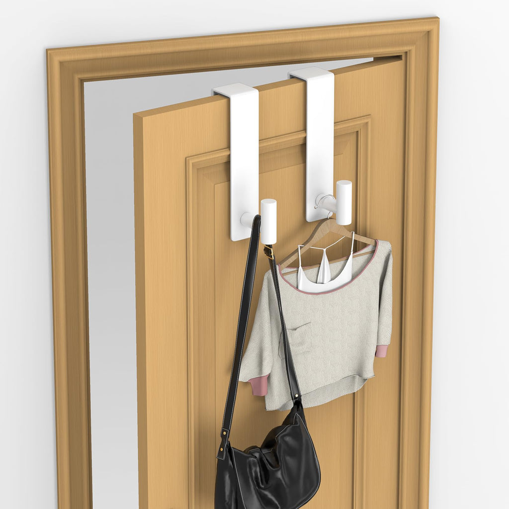 PMMASTO Over The Door Hooks 2-Pack, Rustproof Stainless Steel Door Hanger with Non-Slip Pads for Towels Coats Wreath Bathroom Kitchen Entryway Office (White, Fits 1-3/4" Thick Door-T Shape)