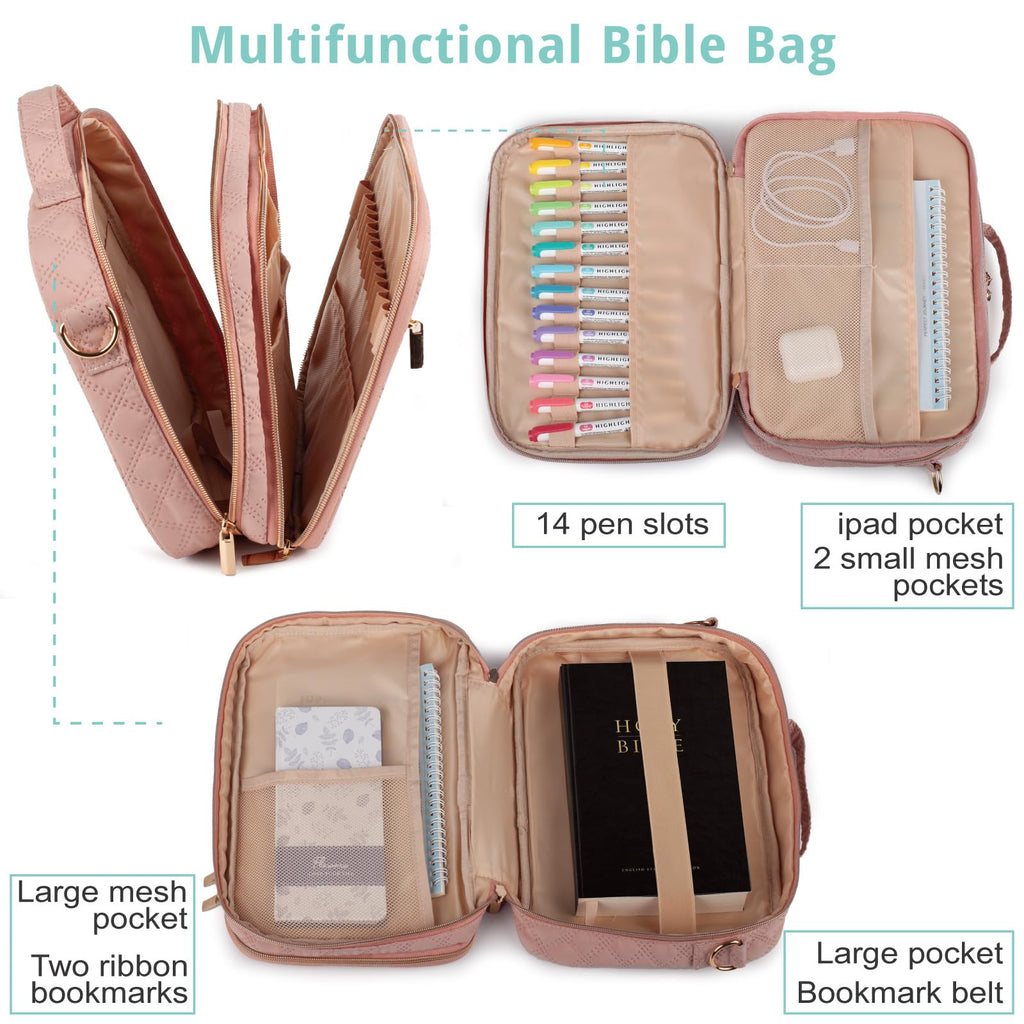 2 Layers Bible Cover for Women,Large Bible Case with Handles Shoulder Strap,Carrying Bible Bag Scripture Case Church Bag Bible Protective with Pocket