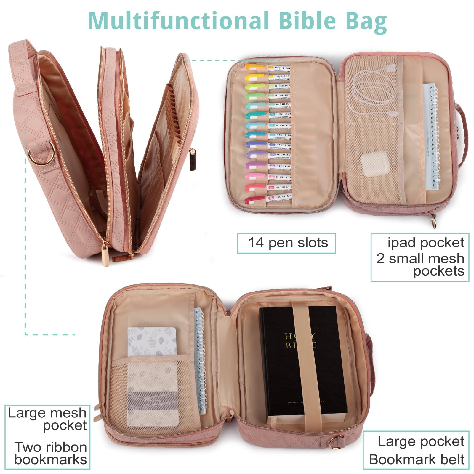 2 Layers Bible Cover for Women,Large Bible Case with Handles Shoulder Strap,Carrying Bible Bag Scripture Case Church Bag Bible Protective with Pocket
