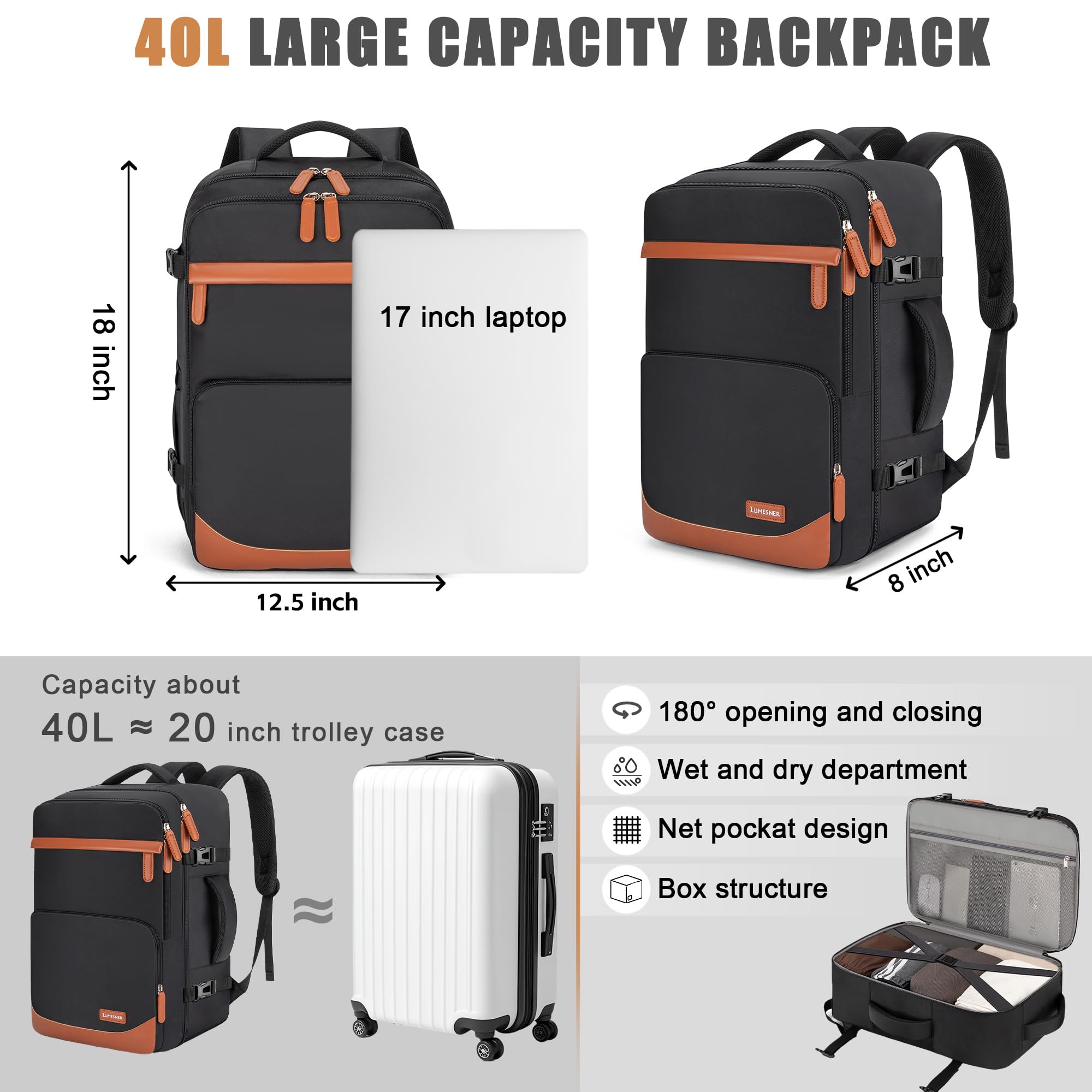 40/50L Travel Backpack with USB Charging Port, Water-Resistant Carry On Backpack, Business Laptop Backpack for Men Women