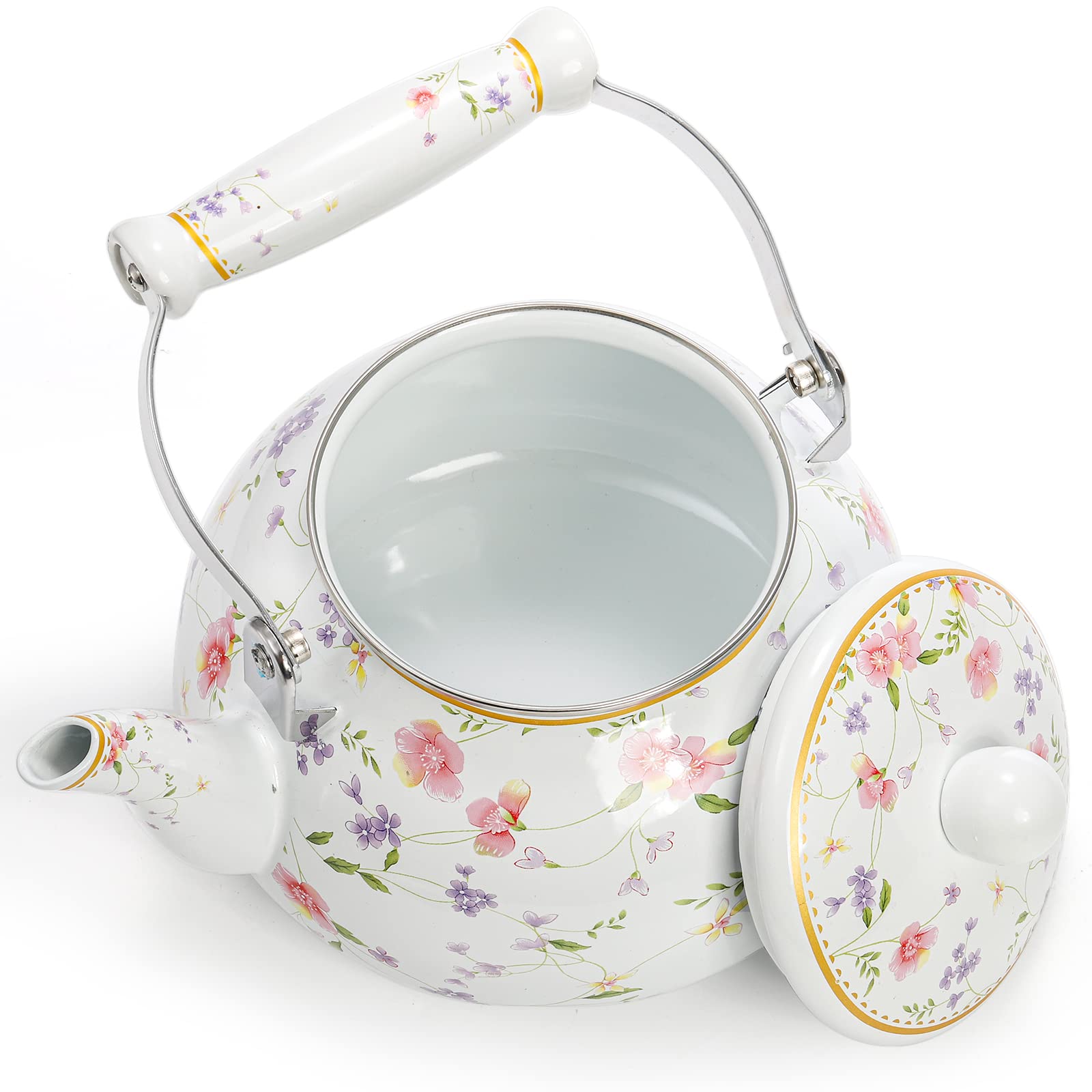 Jucoan Vintage Enamel Tea Kettle, 2.6 Quart Floral Enamel Water Kettle Teapot with Porcelain Handle for Stovetop Home Kitchen Camping, Housewarming Wedding Bridal Shower Gift