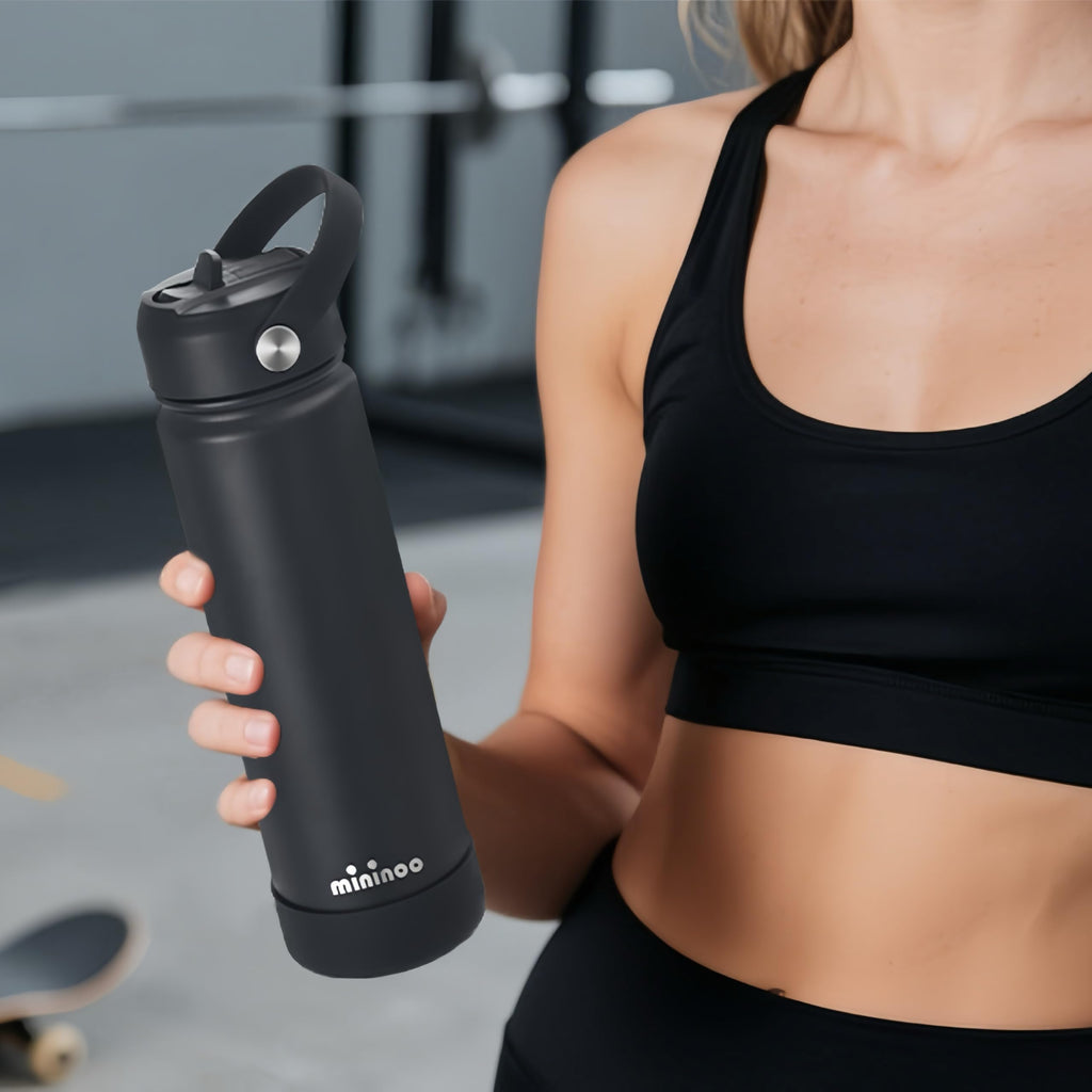 Insulated Stainless Steel Water Bottle with Straw, Ceramic-Lined, BPA-Free & Leak-Proof, 24 oz, Black