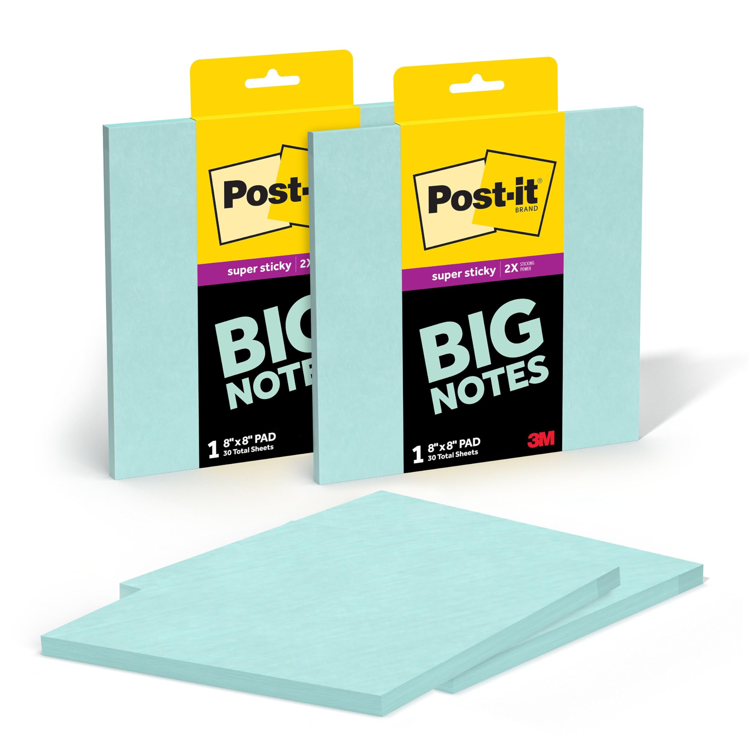 Post-it Super Sticky Big Notes, 8 in. x 8 in., Extra Large Sticky Notes in Fresh Mint, 2 Pads, 60 Sheets Total, Great for Vision Boards, Creative Projects, Study Spaces, Group Brainstorming, and More