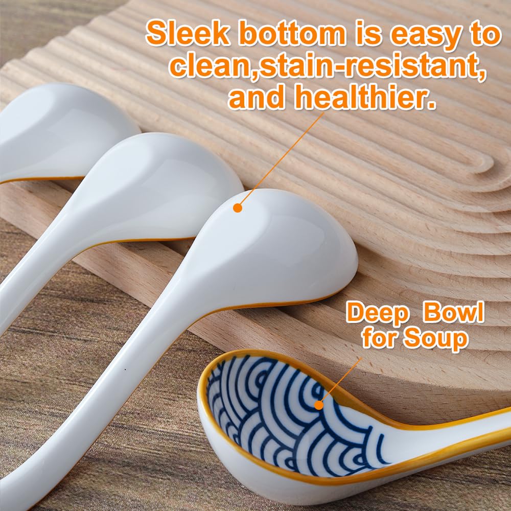 Soup Spoons Set of 6, Soup Dumplings Asian Soup Spoon Set Non-Slip Bottom Japanese Spoons for Ramen Chinese Wonton, Dumplings, Pho, Noodle Soup Spoons