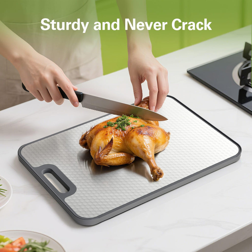 INZOO Stainless Steel Cutting Board, 15''×10'' Double Sided Cutting Boards for Kitchen, Stainless Steel/Wheat Straw PP Chopping Board for Meat & Vegetables, Easy to Clean, Dishwasher Safe