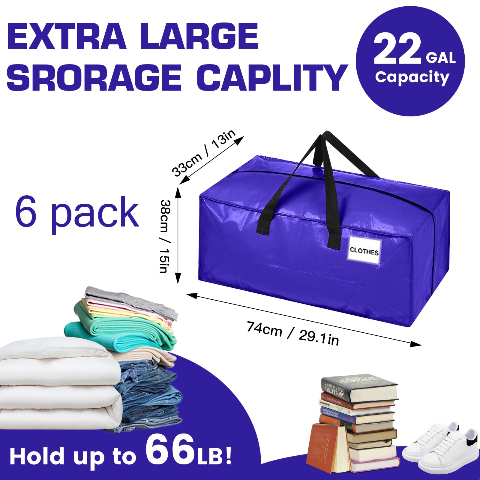 Extra Large Moving Bags with Zippers,6 Pack Foldable Heavy Duty Moving Boxes with Backpack Straps & Handles,Storage Bags For Space Saving, Clothing Storage,Christmas Decorations,3 Color