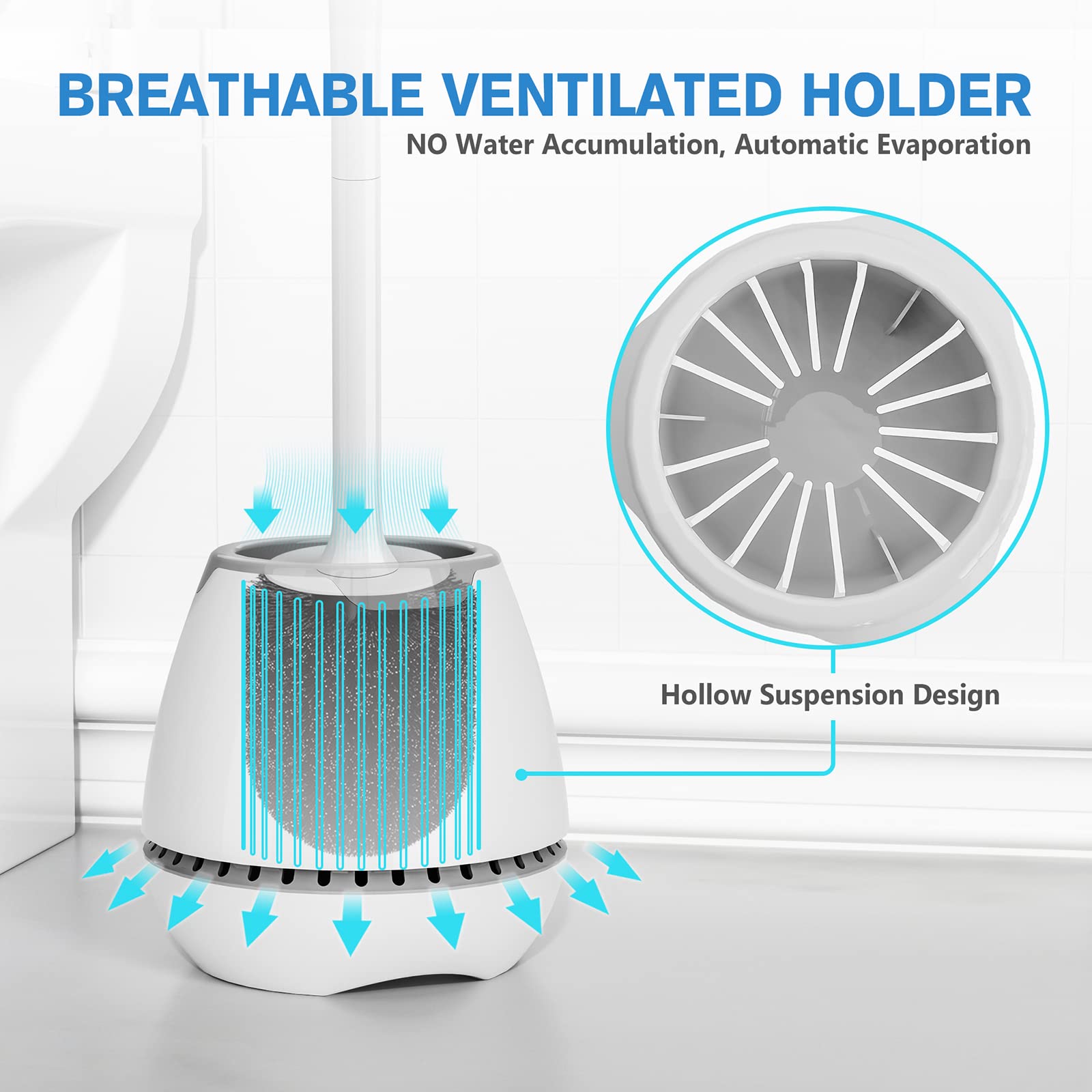 Toilet Brush 2 Pack, Toilet Bowl Brush with Ventilated Holder and Ergonomic Long Handle, Durable Bristles Toilet Scrubber Set for Bathroom Cleaning(White)