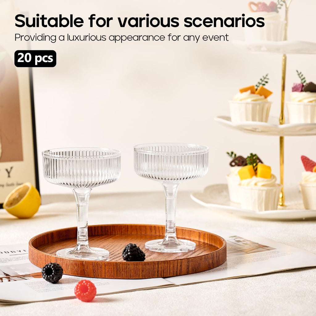 DORONAN 20 Pack Plastic Champagne Tower, 7oz Champagne Coupe Unbreakable Plastic Cocktail Glasses Acrylic Martini Glasses for Wedding Birthday Party Bar, Clear