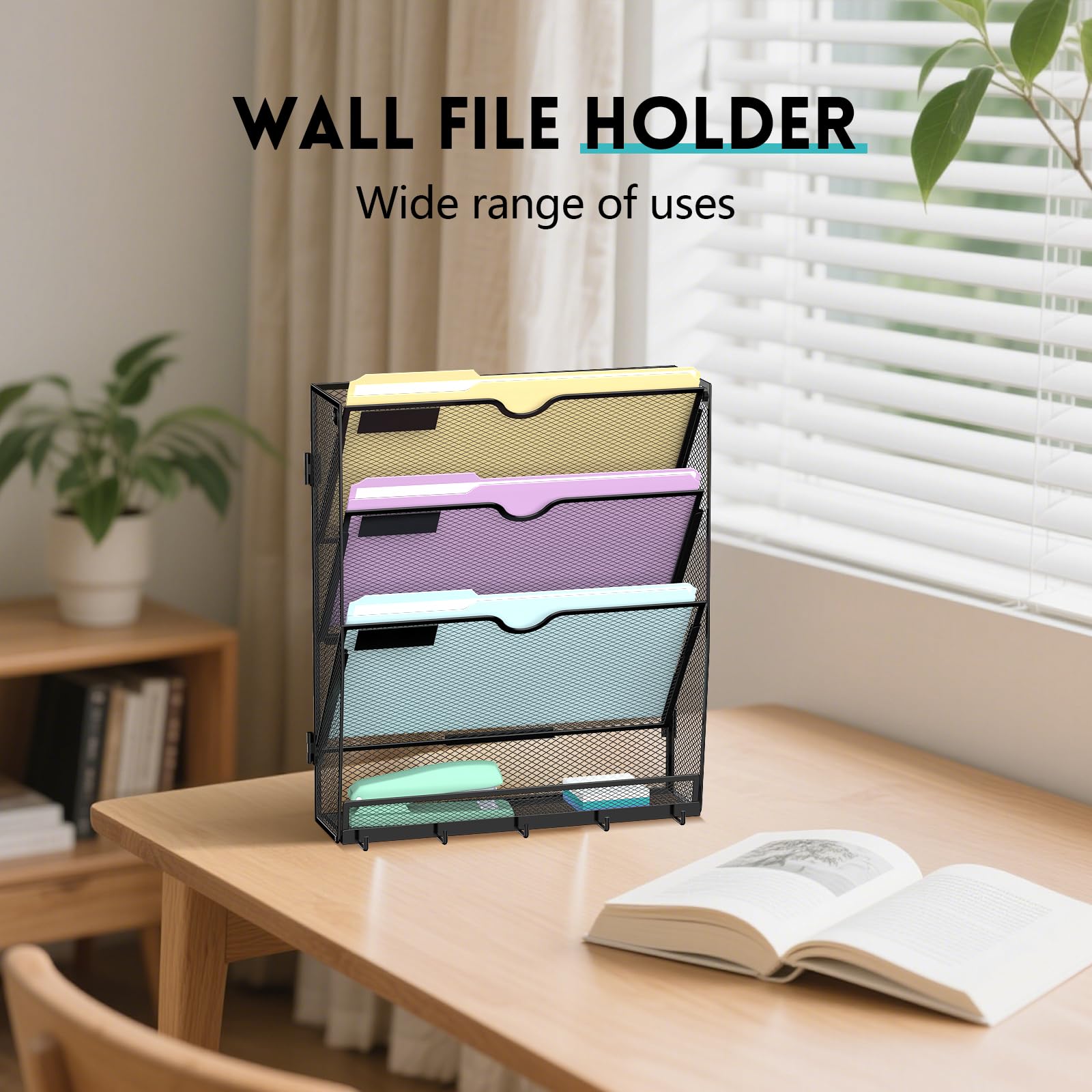 4 Tier Hanging Wall File Organizer with 5 Hooks, Mesh Wall File Holder Vertical Paper Organizer for Mail, Folders, Magazines, Bills, Office and School