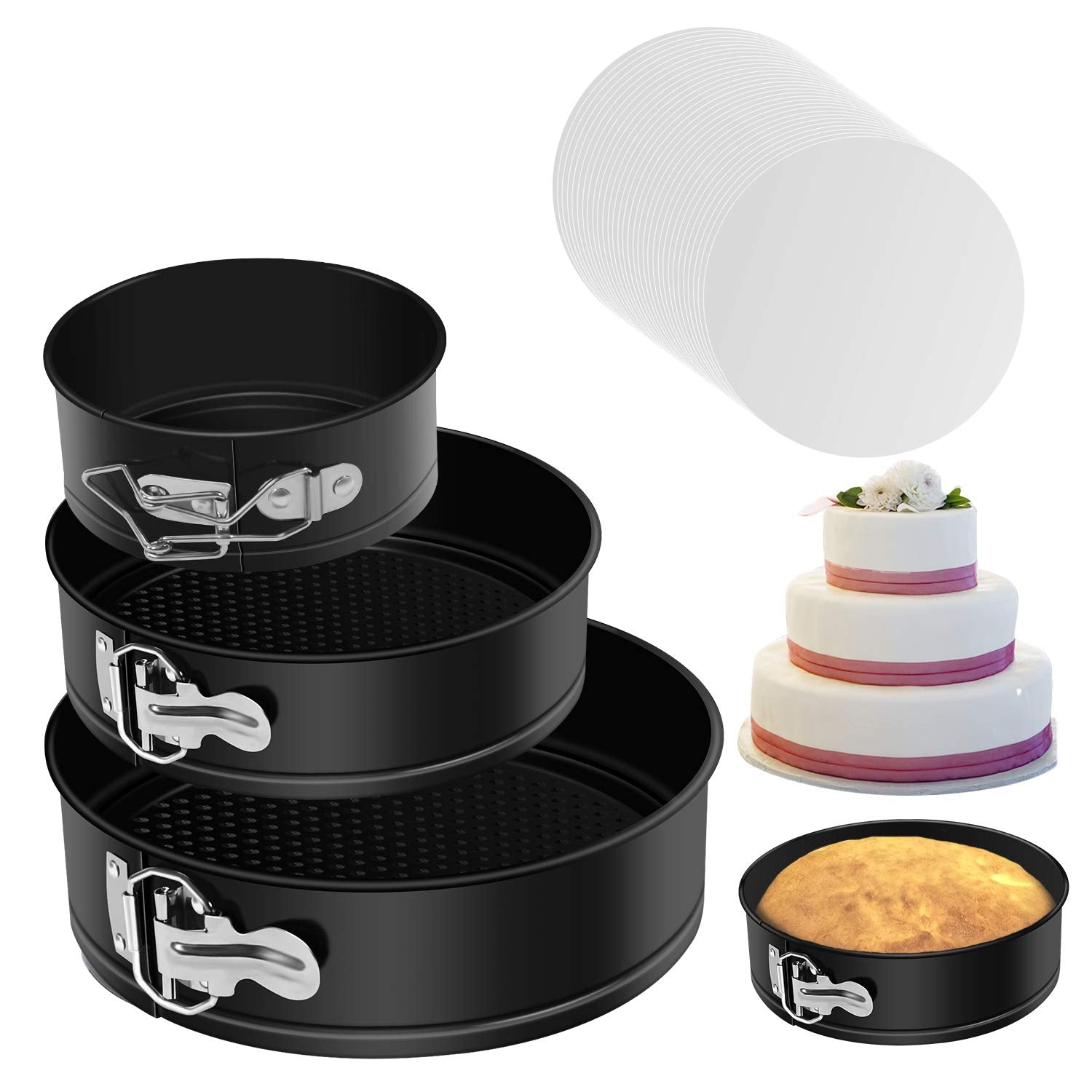 Springform Pan, Nonstick Leakproof 3 Pcs (4"/7"/9") Round Cake Pan for Baking Cheesecake Pan with 50 Pcs Parchment Paper Liners by MASSUGAR
