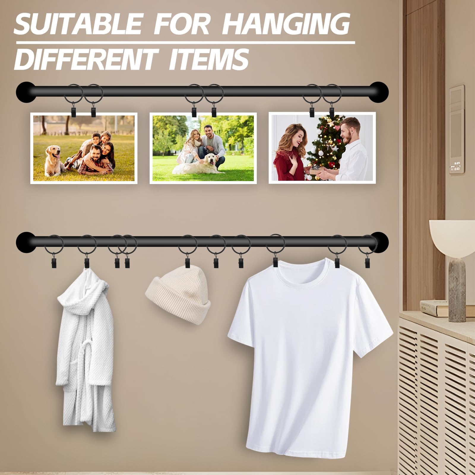 50 Pcs Curtain Hooks, 1.5 inch Black Curtain Rings, 4mm Thicken Rustproof Curtain Rings with Clips, Metal Curtain Clips for Hanging Drapery Drapes Bows