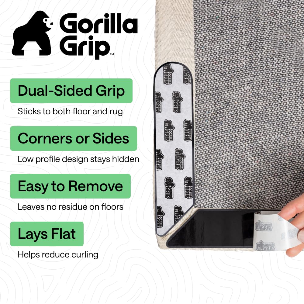 GORILLA GRIP 16 Pc Rug Gripper Pads Keep Area Rugs Corners from Curling, Reusable Double-Sided Stickers Holds Down Carpet in Place, Grips on Tile and Hardwood Floors Helps Prevent Sliding, Home Décor