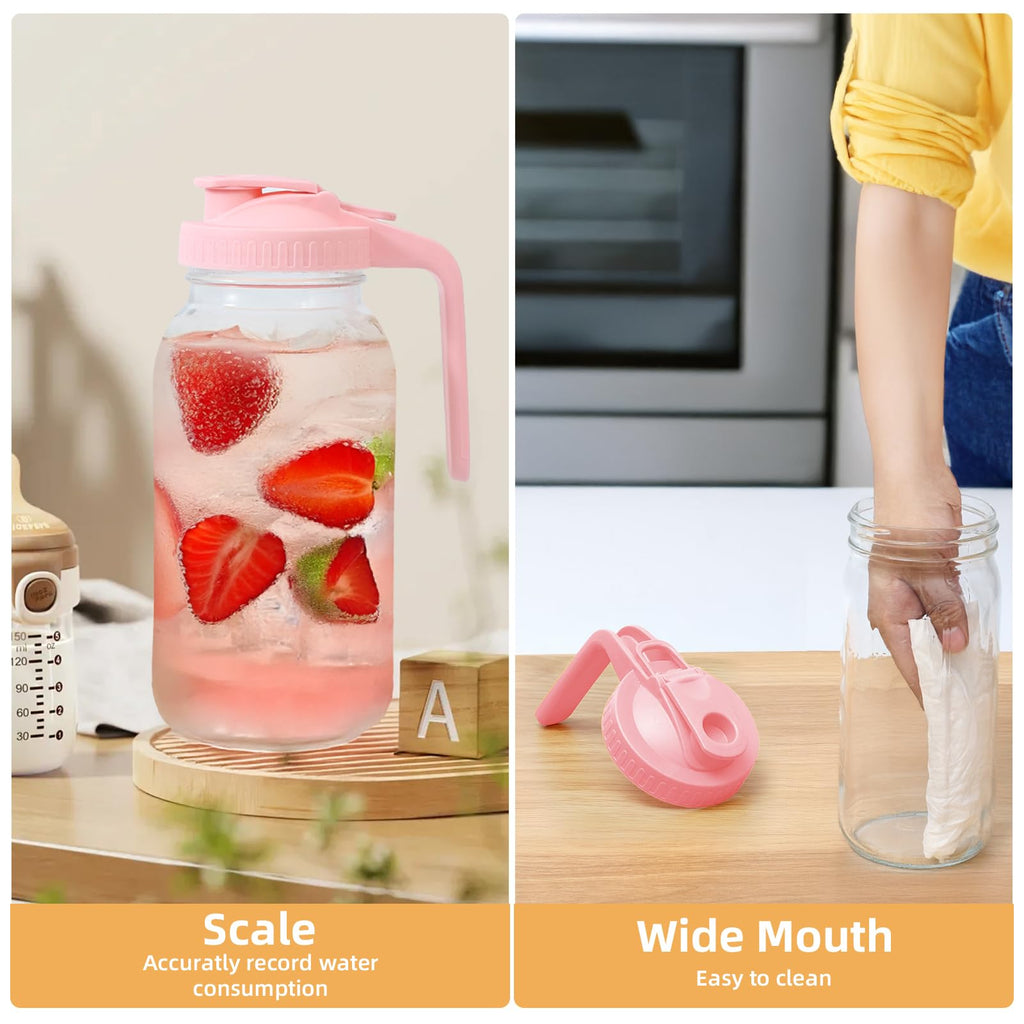 AsstarJTK 2 Pack Glass Mason Jar Pitcher - 64 oz/2 Quart Wide Mouth Jug with Lid and Pour Spout, Airtight Seal, Leak Proof Iced Tea Pitcher for Sun Tea, Juice, Breast Milk, Cold Beverages, Coffe