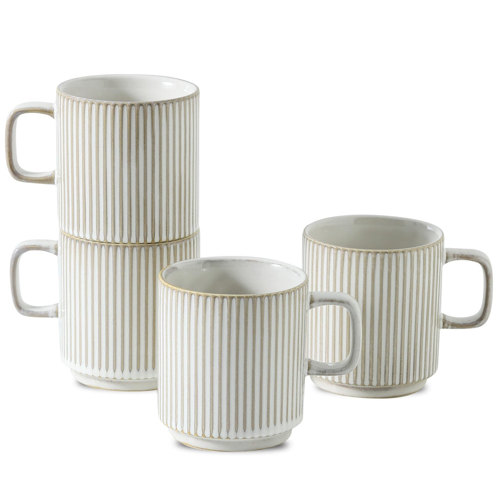 Seyatoo Coffee Mugs Set of 4, Ceramic Ribbed Coffee Mug, Tea Coffee Cups Set with Handle, Porcelain Mug for Americano, Latte, Cappuccino, Hot Chocolate, Glazed White
